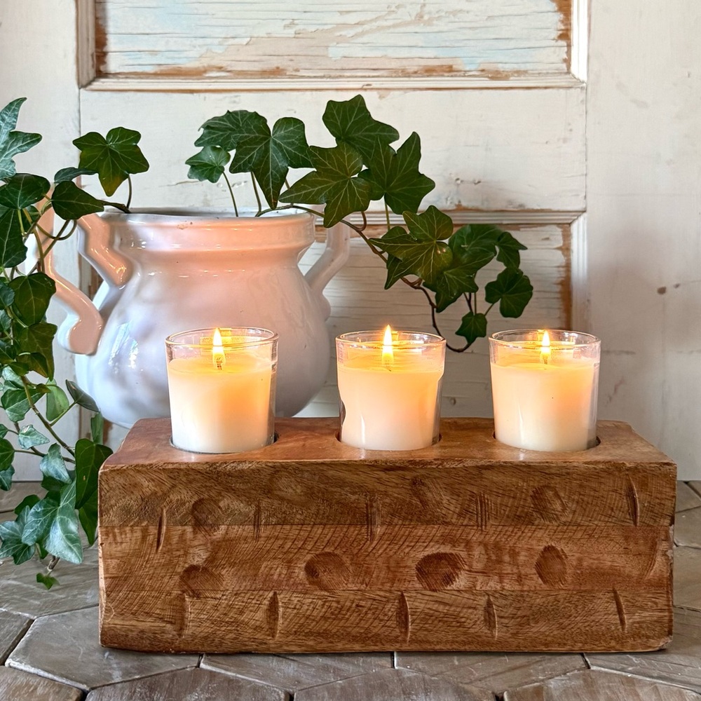 Mud Pie Rustic 3 Hole Wooden Sugar Mold, Wood Candleholder, Brown, 10.5”